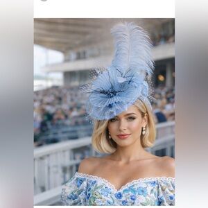 Kentucky Derby Hat Elegant Light Blue Fascinator Floral Feather Accent Tea Party